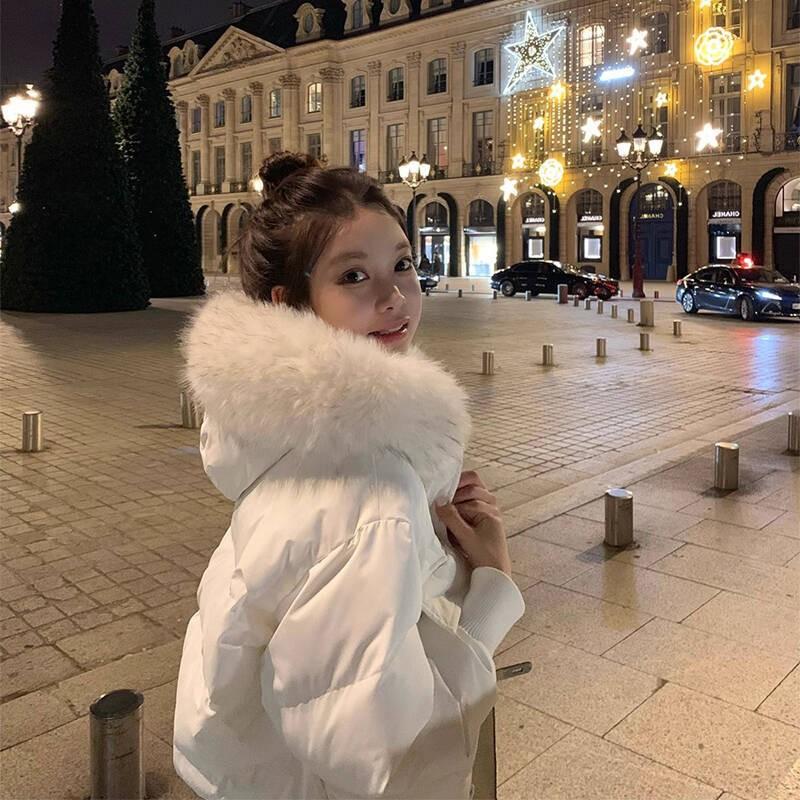 Womens Short Down Jacket With Faux Fur Hood Winter Slim Fit Warm Coat
