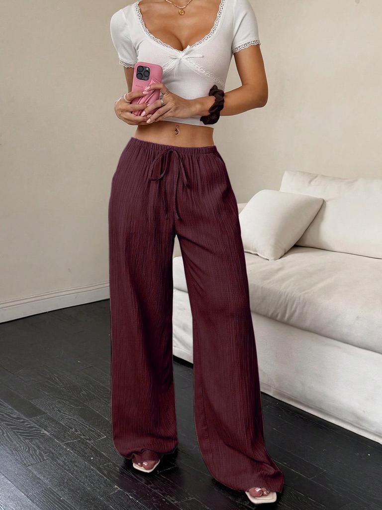 2026 Women's Casual Wide-Leg Pants with Knot Waist and Textured Fabric
