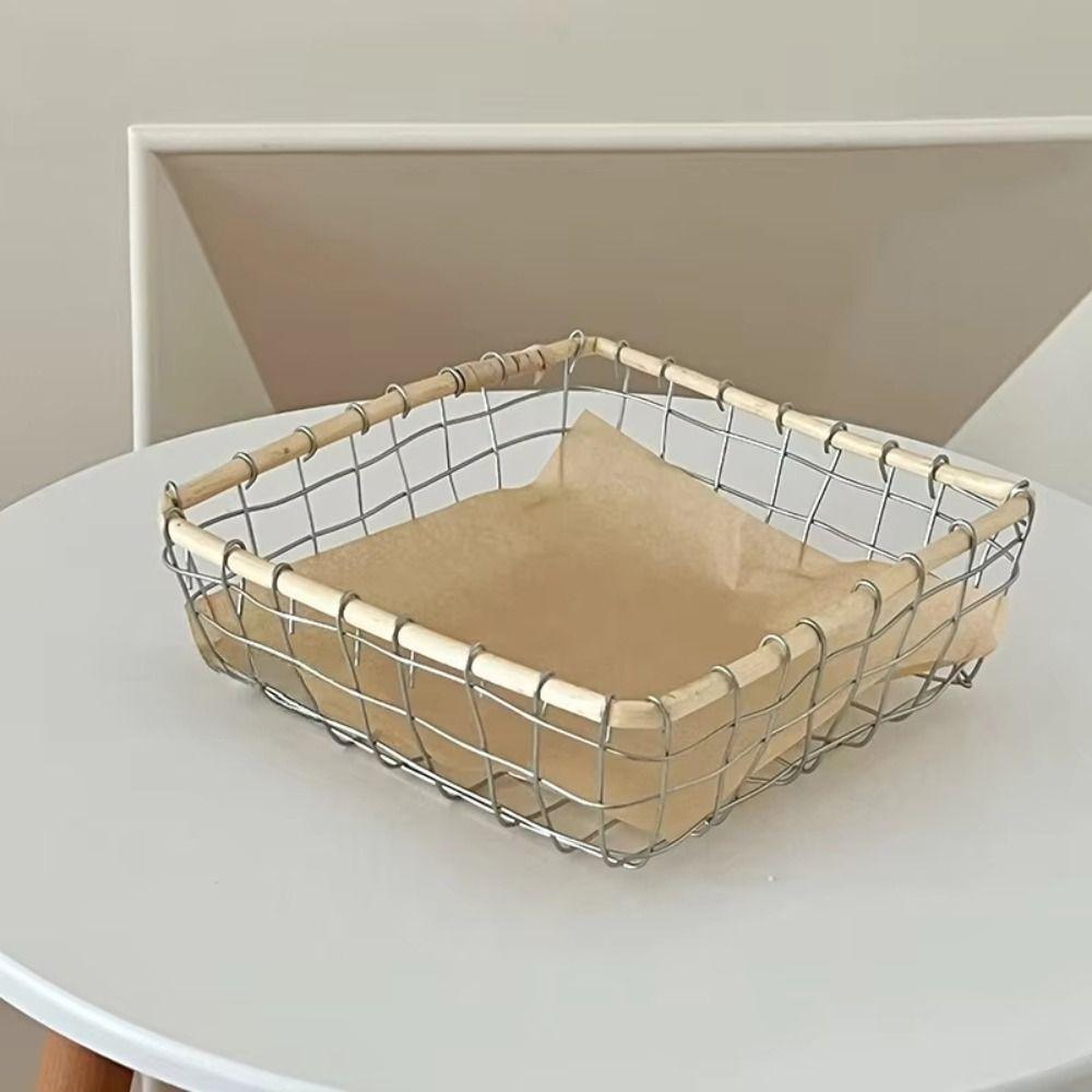 Chic Design Woven Iron Storage Basket Square Metal Construction Organizer Basket Casual Chic Art Design Food Basket Kitchen Use