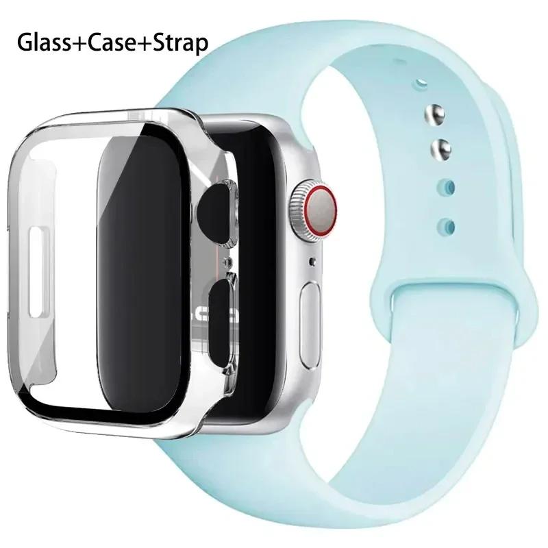 Glass+Case+Strap For Apple Watch band 46mm 45mm 44mm 41mm 40 38mm Silicone watchband bracelet iWatch series 10 9 8 7 6 5 4 3 SE