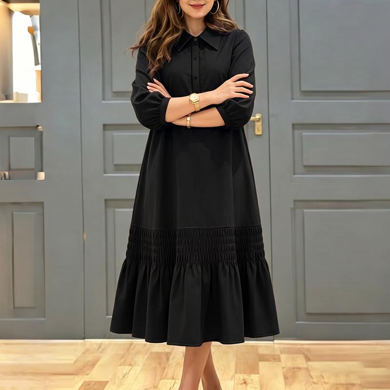ZANZEA Women Casual Turn Down Collar Solid Color 3/4 Sleeve Loose Dress
