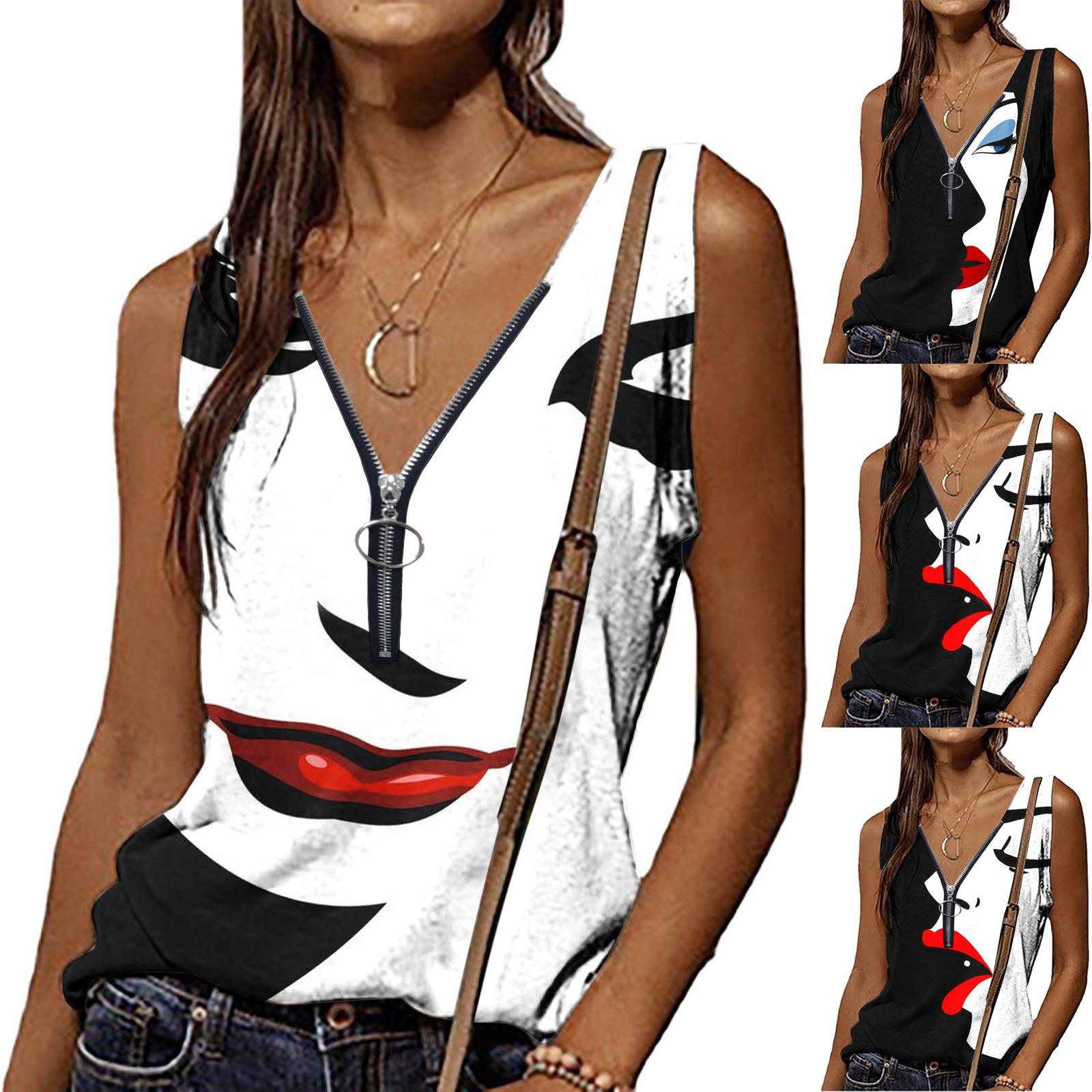 

Женская мода летняя сексуальная складка с принтом обычная безрукавка с V-образным вырезом на пуговицах