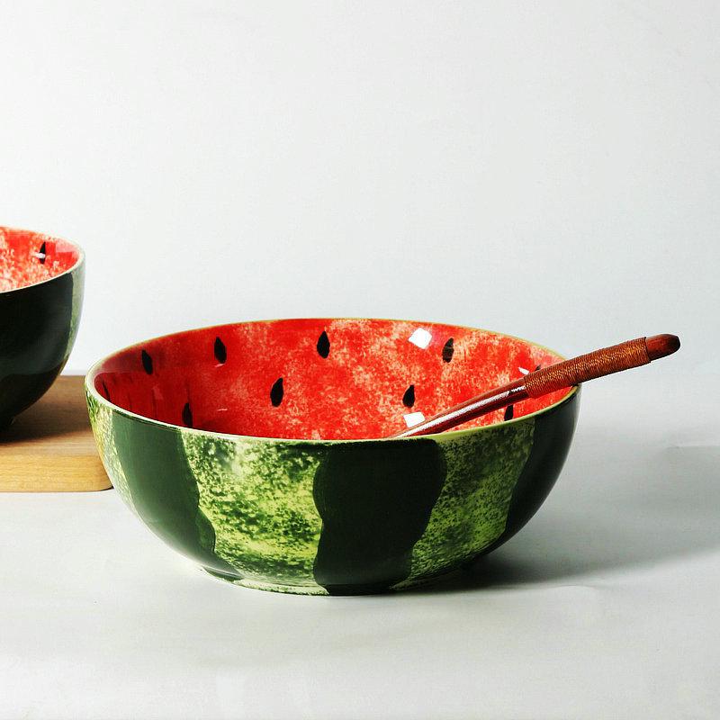 Hand-Painted Watermelon Design Large Ceramic Noodle Bowl with Underglaze Snails Pattern - Fresh, Deep & Stylish.