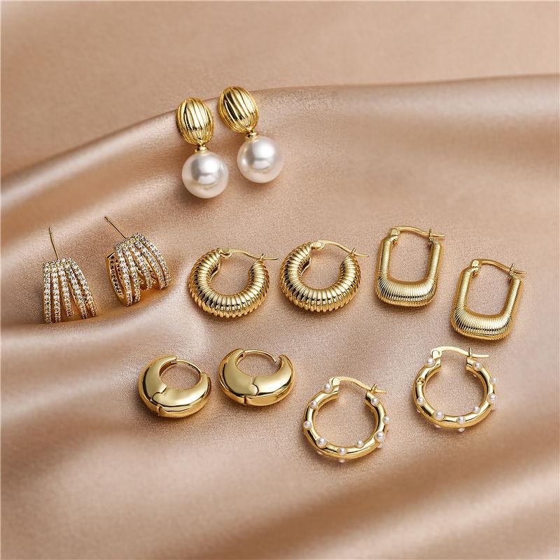 18K Gold Plated Brass Fashion Thick Round Circle Threads Textured Pearl Hoop Earrings for Women High Quality Zircon