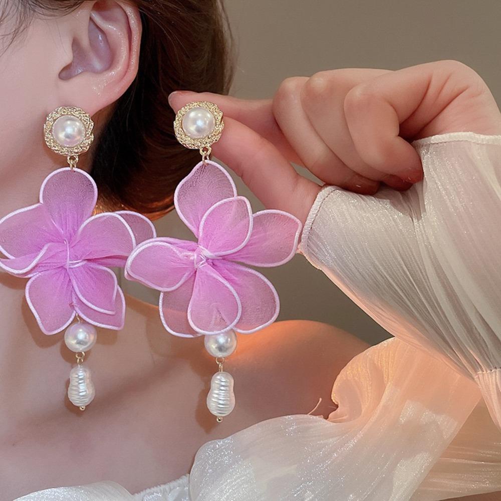 Pearl Pedant Mesh Flower Dangle Earrings Sweet Petals Stud Earrings Beach Earrings  Ladies/Girls