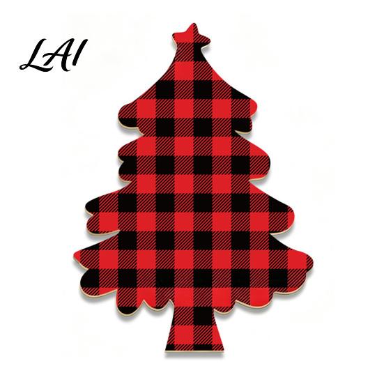 Christmas Tree Decorations Wooden Tabletop Decor Plaid Polka Dots Xmas Wood Signs Red Traditional Festive Ornaments Black Green Desktop Centerpieces