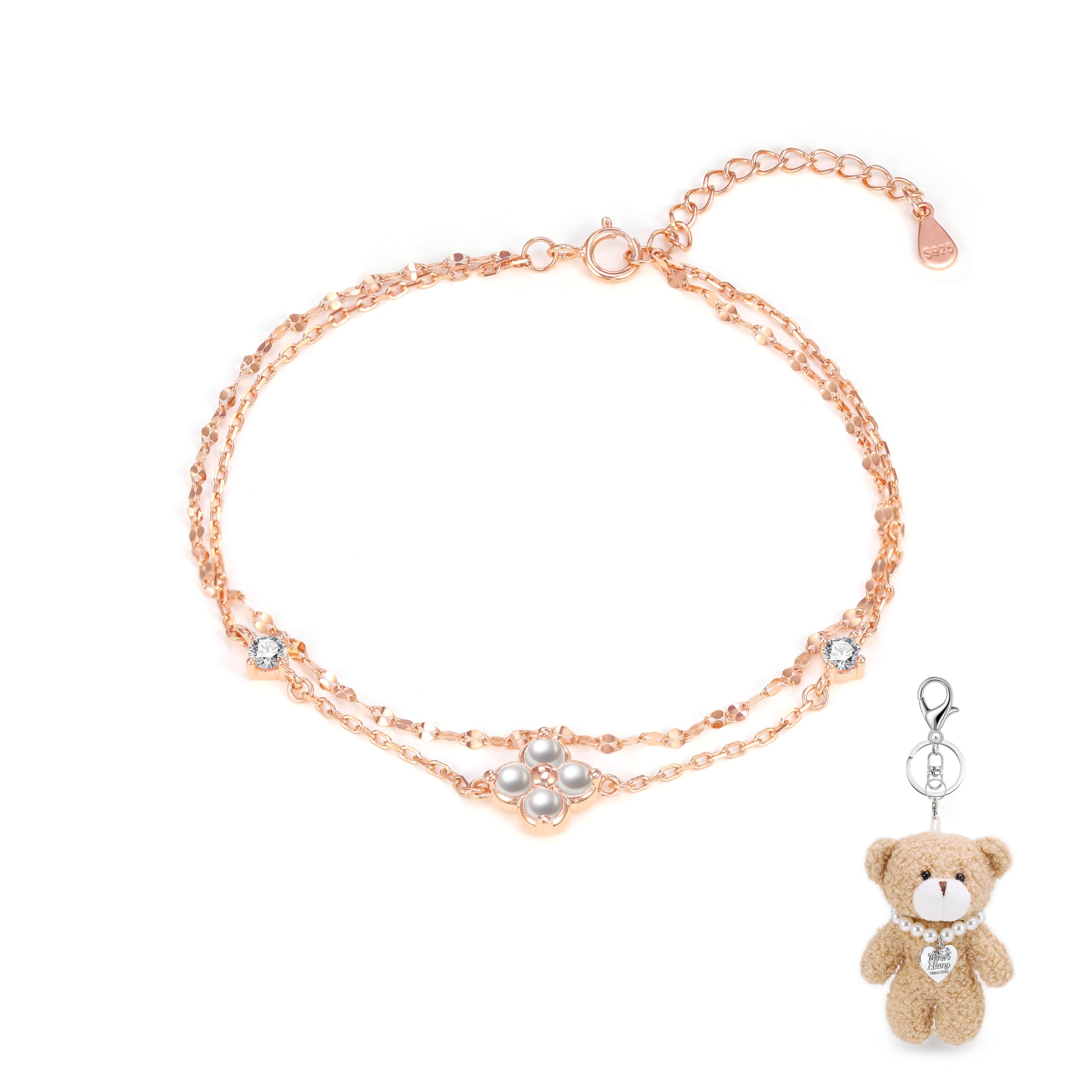 

FH.bird Pearl Bracelet for Women, Four-Leaf Clover Design, Ribbon Packaging [Lucky Flower], Sterling Silver 925, Hypoallergenic, Pink Gold, Double Str