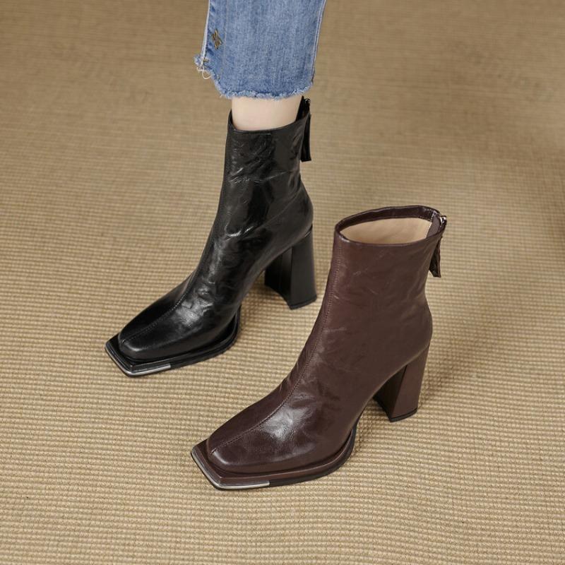 Herfst Dames Enkellaarzen 2026 Rits Comfortabele Korte Laarzen Retro Mode Nieuwe Vierkante Neus Hoge Hak Schoenen Dames Botas De Mujer