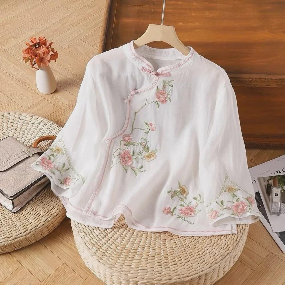 Women's Ethnic Cotton Embroidered Top - Chinese Slanted Placket with Frog Buttons, Artistic Summer Shirt