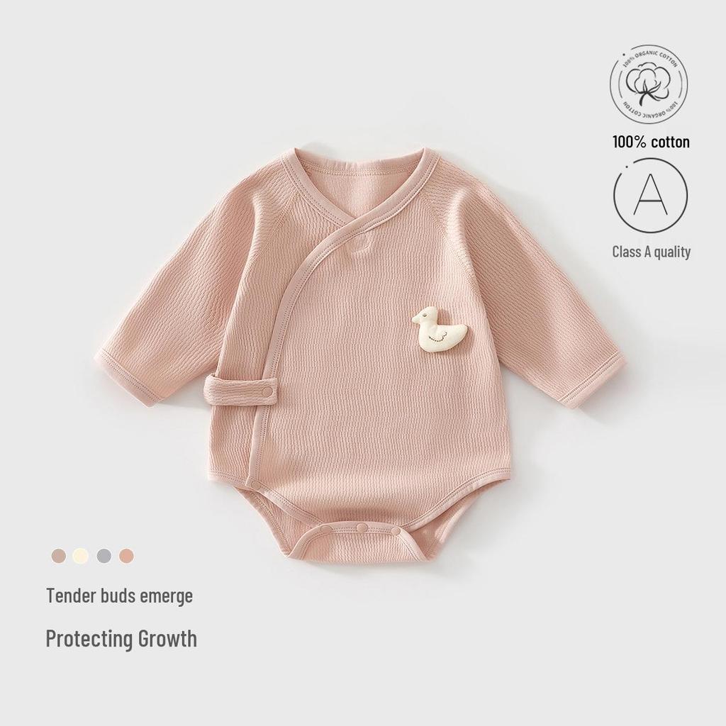 Infant Pure Cotton Long Sleeve Bodysuit with Off-Center Placket - Newborn Spring Romper