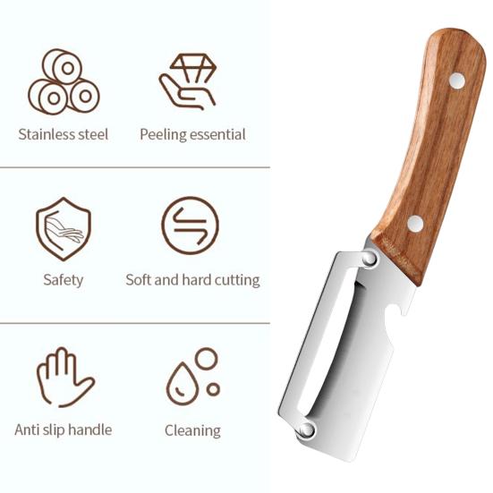 Multi-Peeler with Stainless Steel Blade & Wood Handle Bottle Opener Efficient Vegetable Fruit Peeler for Potatoes Carrots Quick Peeling Kitchen Tool