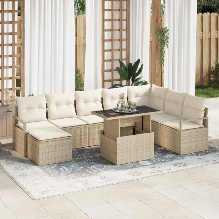 Ensemble de Canapé de Jardin 9 Pièces avec Coussins Beige en Rattan Poly, Canapé de Jardin 2 Places avec Coussins Beige 3348877