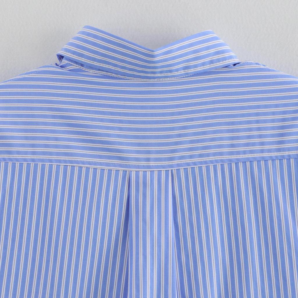 Spring 2025 Blue Striped Short Shirt with Pocket Detail for Women
