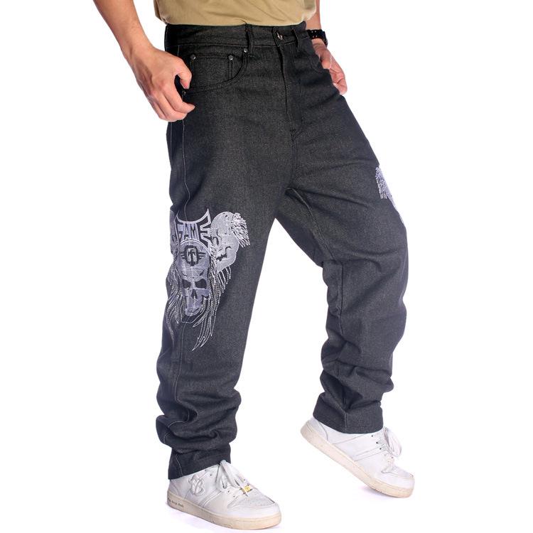 Men's Hip-Hop Street Dance Jeans: Trendy, Embroidered Skull, Straight, Loose, Casual Skateboard Pants, Plus Size Available.