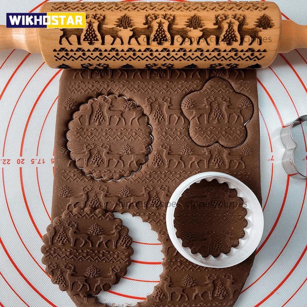 1 Stück Weihnachtswalzholz aus Holz mit Rentier-Blumenmustern für die Küche, Gebäck, DIY-Backwerkzeuge, geprägte 3D-Keksausstecher
