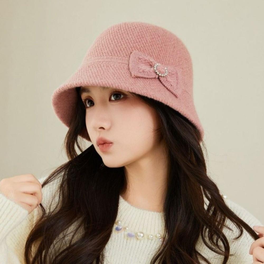 Elegant Bow Fisherman Hat Thickened Windproof Bucket Hat Solid Color Foldable Basin Caps