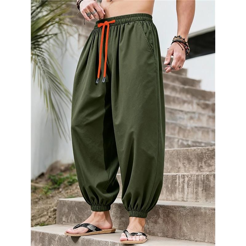 Men's Loose-fit Harem Pants, Elastic Drawstring Waist, Non-stretch Casual Lantern Trousers, Lightweight Quick-dry