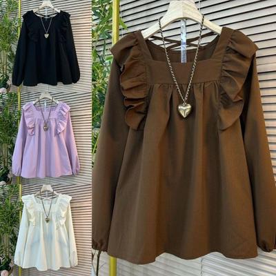 Chic Plus Size Ruffle Square Neck Women's Shirt - Elegant & Sexy Design for Spring & Autumn