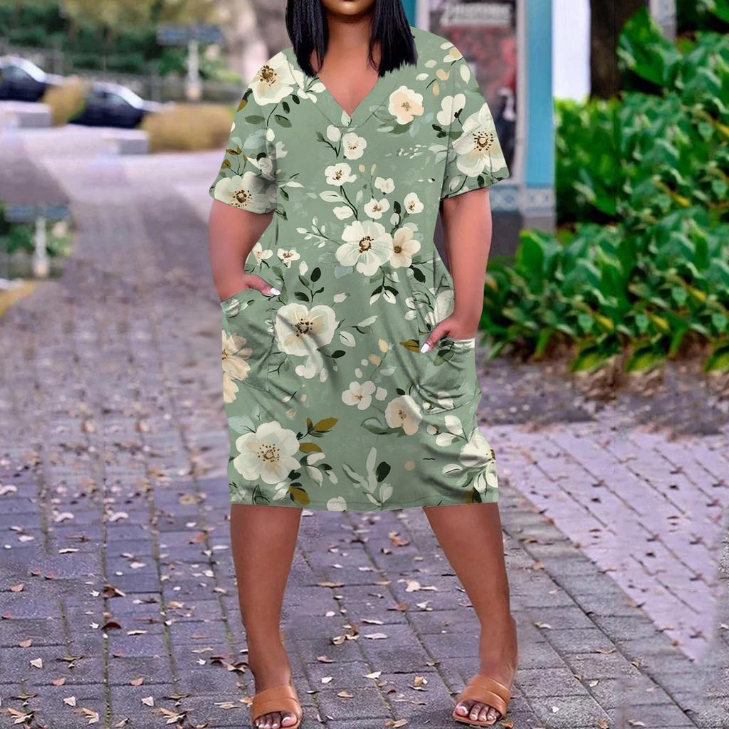 Vestido Casual de Verano Talla Grande con Cuello en V, Manga Corta, Bolsillo en la Rodilla, Estampado, para Mujer