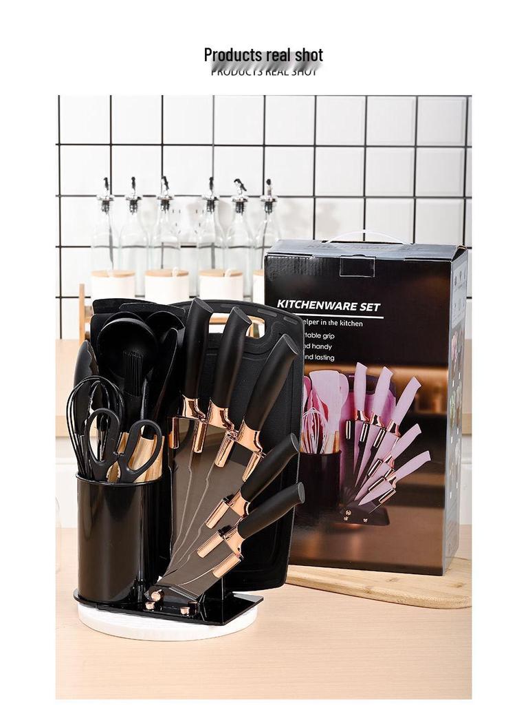 19-delars silikon köksredskapsset med skärbräda & förvaringshink