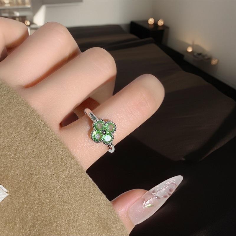 Niche Design Four-Leaf Clover Open Ring, Women'S High Sense Of Retro Temperament Dripping Oil, National Tide Personality Ring