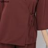 VONDA Women Sets Long Sleeve Side Cross Blouse and Pants Casual Two Piece Suit Sets