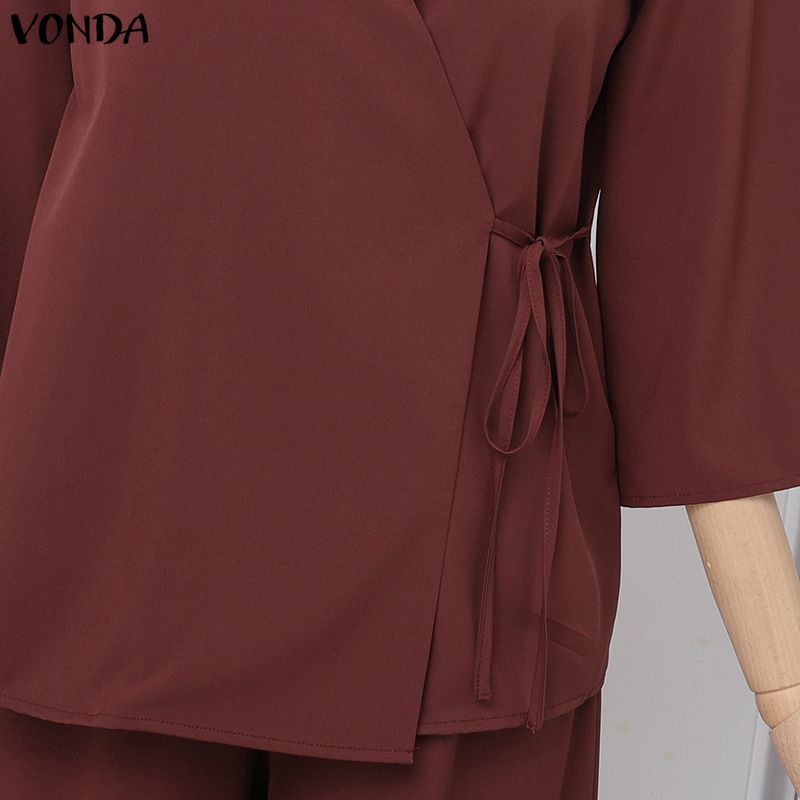 VONDA Women Sets Long Sleeve Side Cross Blouse and Pants Casual Two Piece Suit Sets