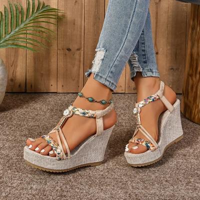 Sapatos Femininos da Moda em Promoção 2024 Alta Qualidade Elástico Sandálias Femininas Verão Plataforma Cores Misturadas Sandálias de Salto Baixo Casuais para Exterior