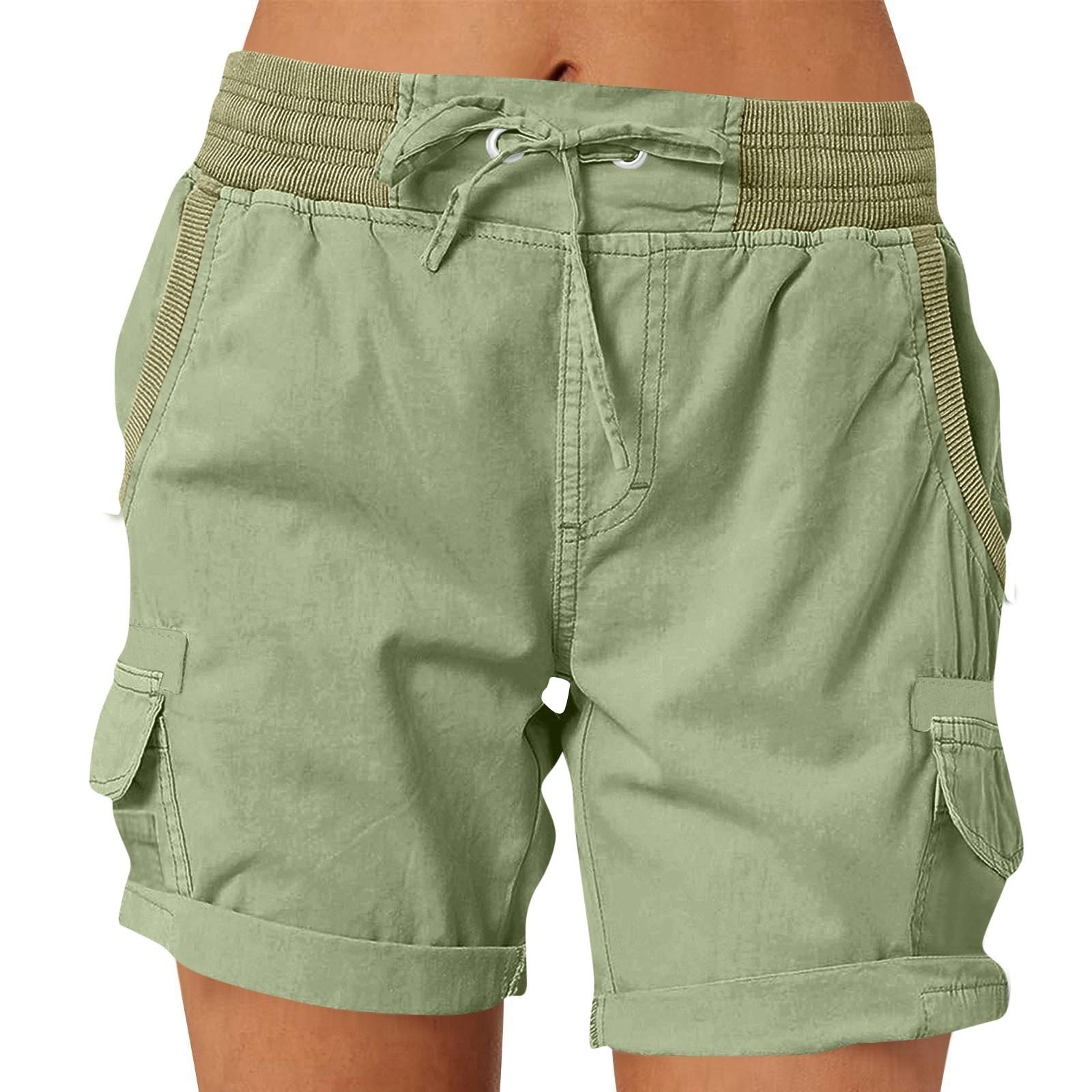 

Women s Fashionable Solid Color Pocket Drawstring Casual Work Pants With Elastic Waist And Rolled Edge Five Quarter Shorts S зелений