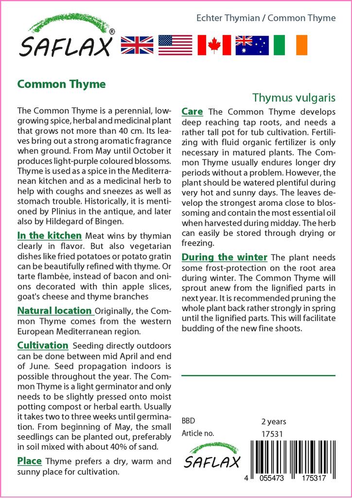 SAFLAX Garden In the Bag - Common Thyme - 200 Seeds - With Substrate In a Fitting Stand Up Bag - Thymus Vulgaris