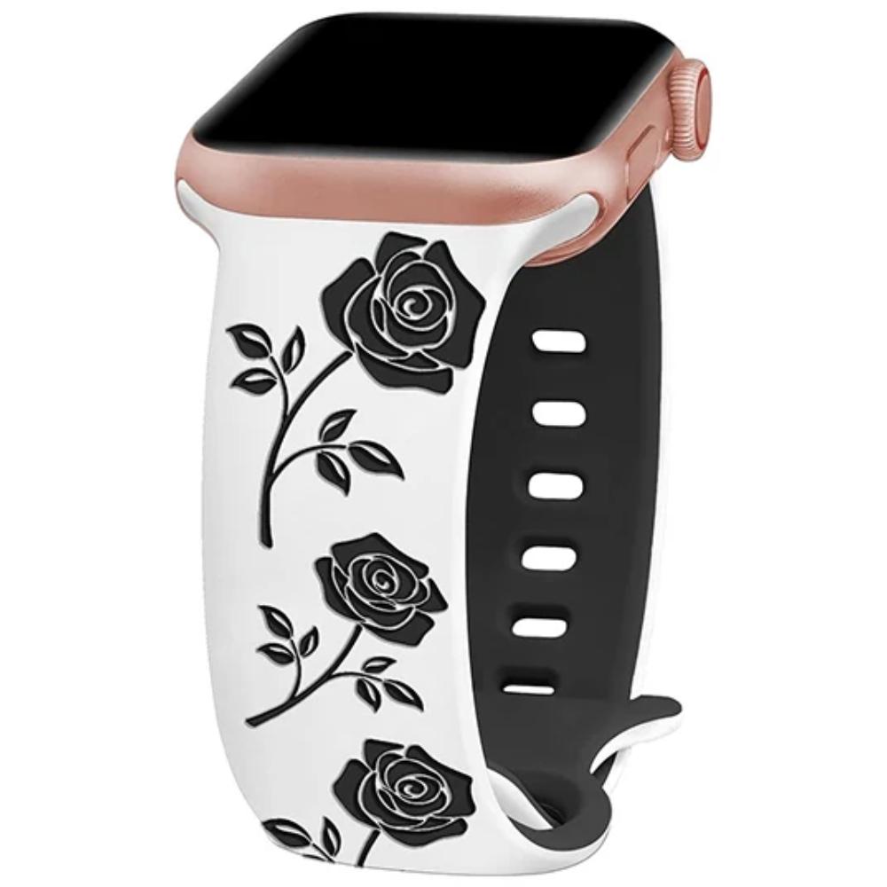 Two-Tone Flower Engraved Watch Band 46mm Compatible with Apple Watch Series 10 42mm 38/40/41/44/45/49mm for Women Rose Flower Soft Straps