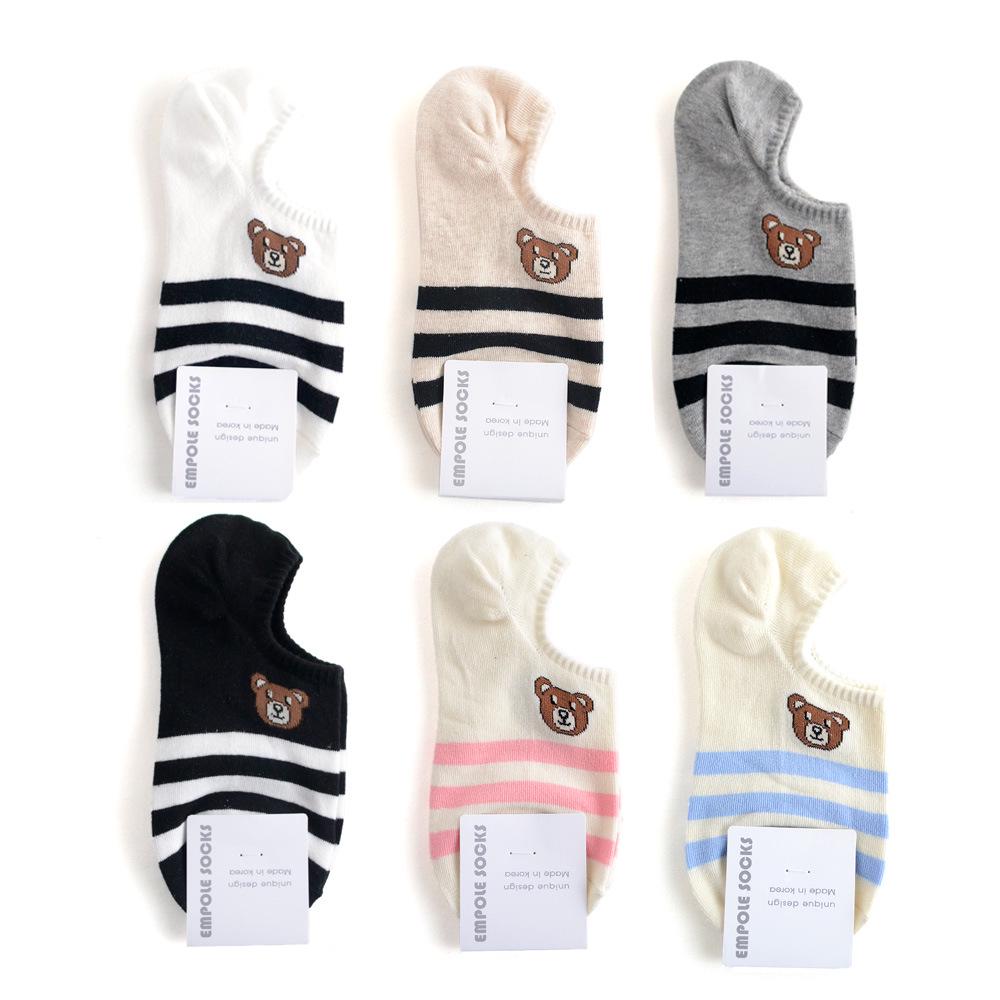 

Double Stripe Bear Korean Women s Cotton Boat Socks One Size