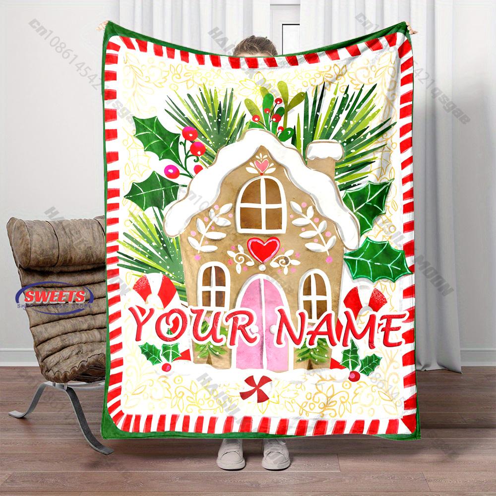 Personalized Name Gingerbread House Christmas Blanket Holly Candy Cane Winter Xmas Print Soft Blanket Home Sofa Bed Decor Gift