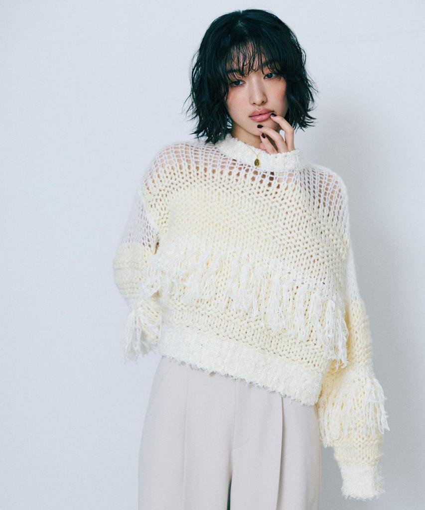 Nano Universe F 031 Mixed Material Border Fringe Knit Women's Pullover, Off-White, 669-5222326