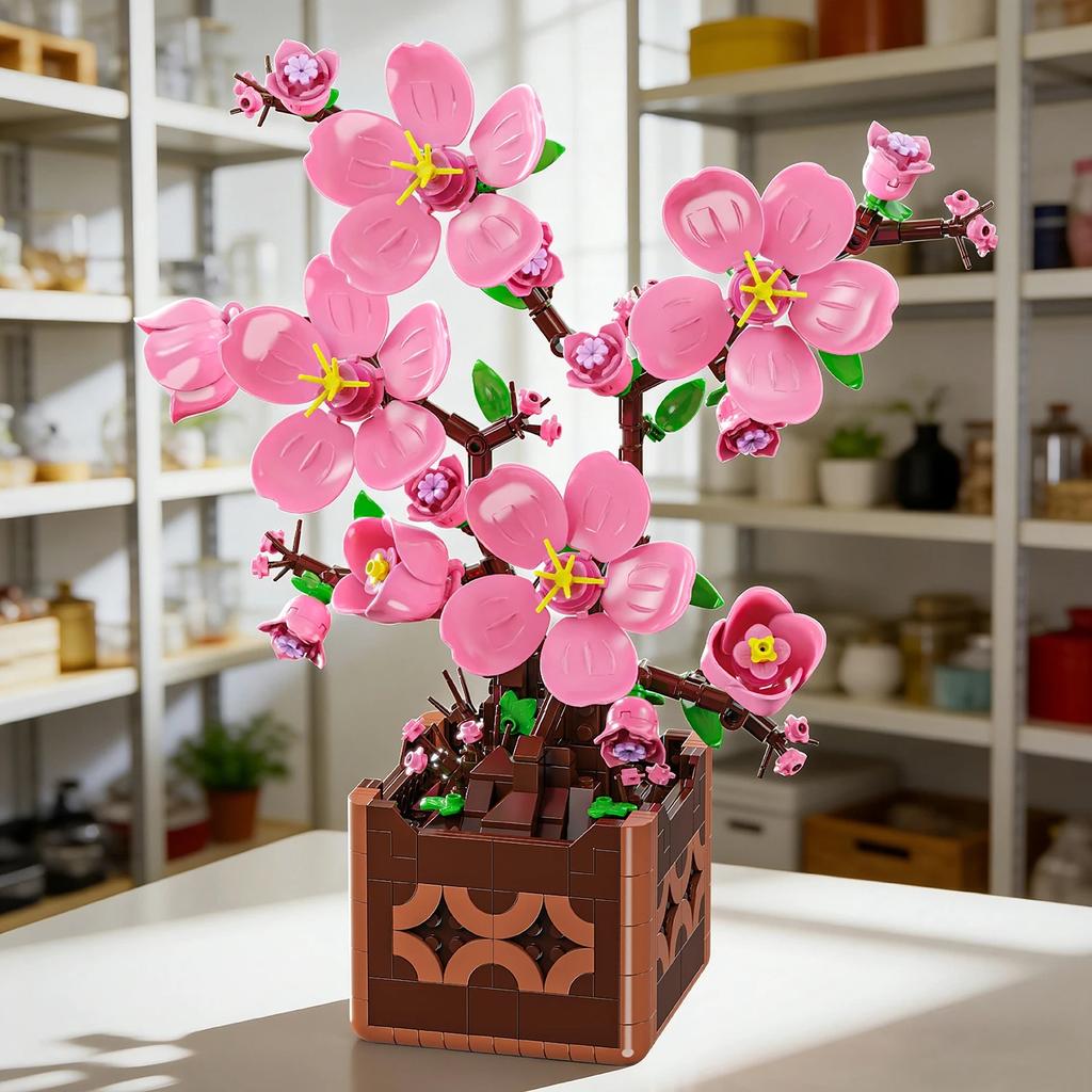 Pink Peach Blossom Potted Plant Building Block Flower Model Puzzle Toys Sets New Year Christmas Birthday Gifts