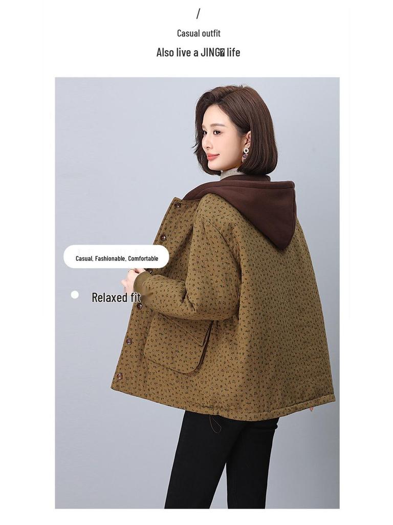 2024 Women's Retro Print Cotton Jacket - Winter Style, Plus Size, Loose Fit, for Middle-Aged and Elderly Moms