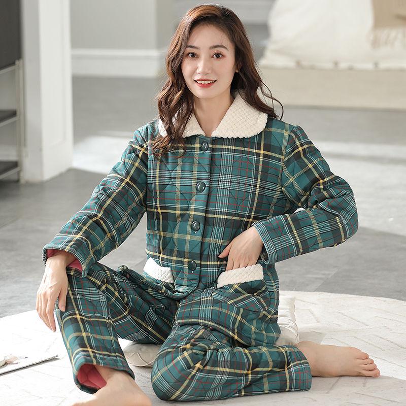 Pigiama Extra Spesso Donna Autunno Inverno 100% Cotone Loungewear Imbottito Tuta per la Casa di Mezza Età Scollo a V Fantasia Pigiami