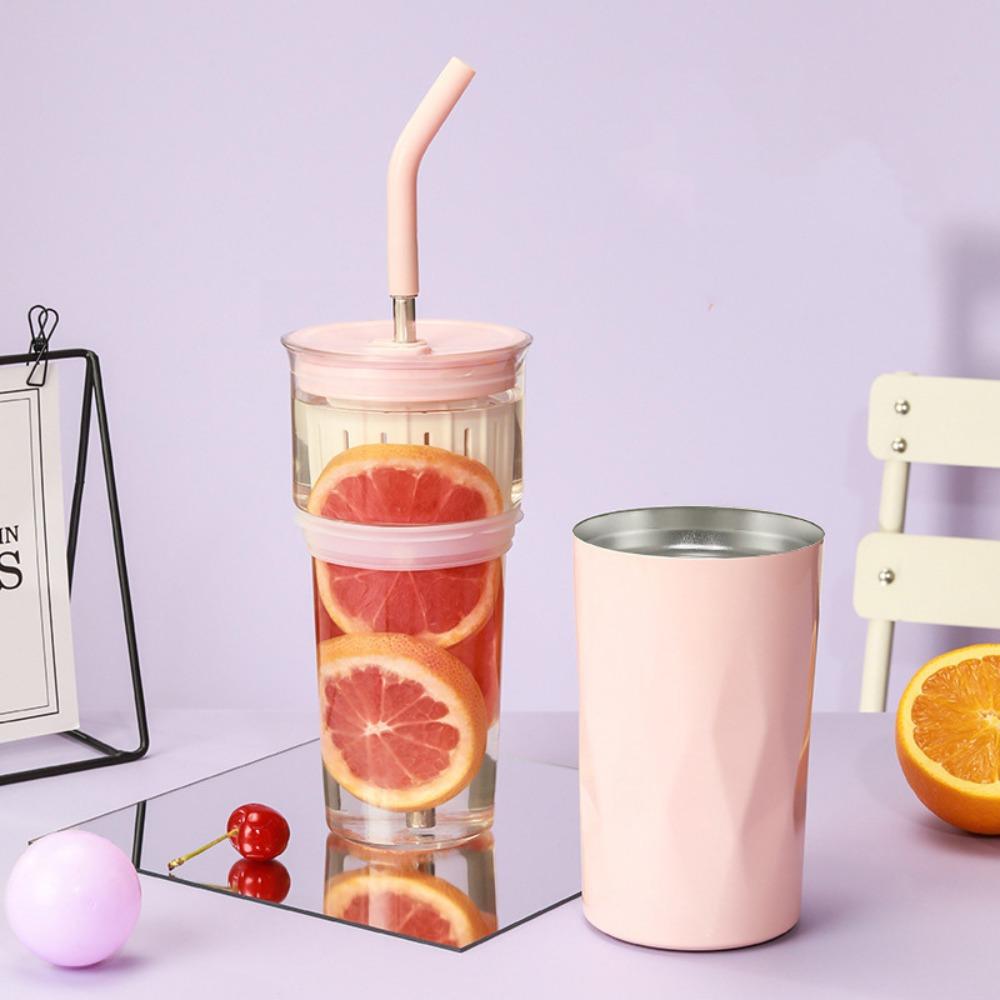 2 Layer 2 in1 Cooling Storage Glass 650ML Vacuum Mug Portable Straw Cup  Drinkware