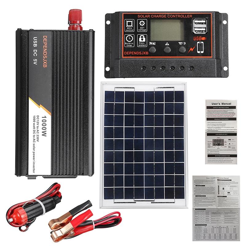 20W Solar Panel System Kit Solar Cell 1000W Modified Sine Wave Power Inverter +10/20/30/40/50/60A Controller for Outdoor