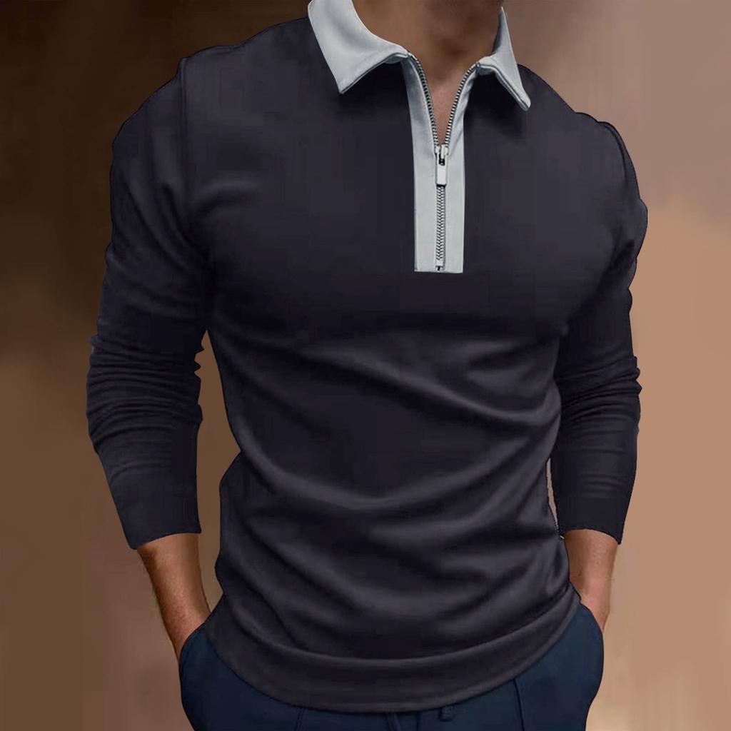Men's Fashion Zipper Stitched T-Shirt Long Sleeve Lapel Pullover Top Blouse