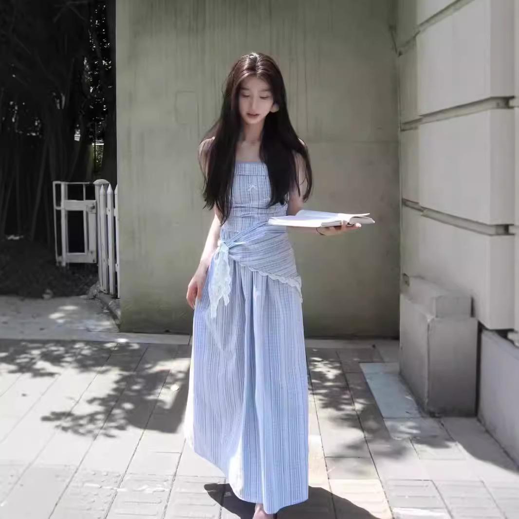 

Женское синее клетчатое платье без бретелей на подтяжках - Вдохновленное Францией, стройнящее, подчеркивающее талию летнее длинное платье Medium