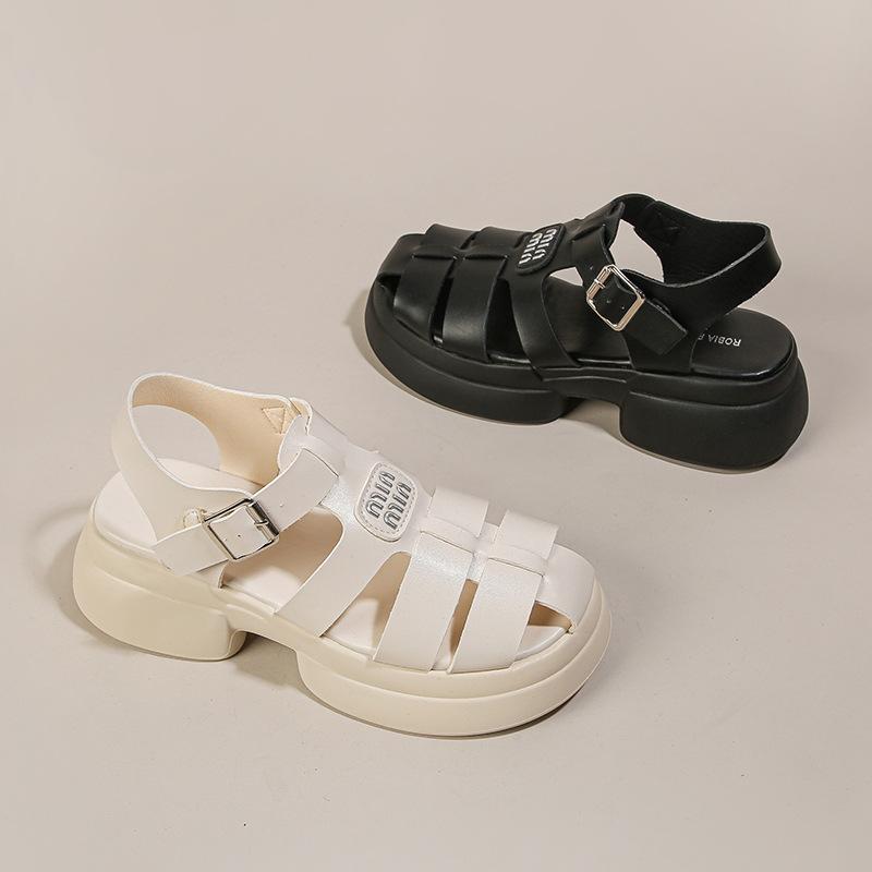 Baotou Roman sandals women's shoes 2025 new thick-soled heightening woven small pig cage shoes hollowed out beach