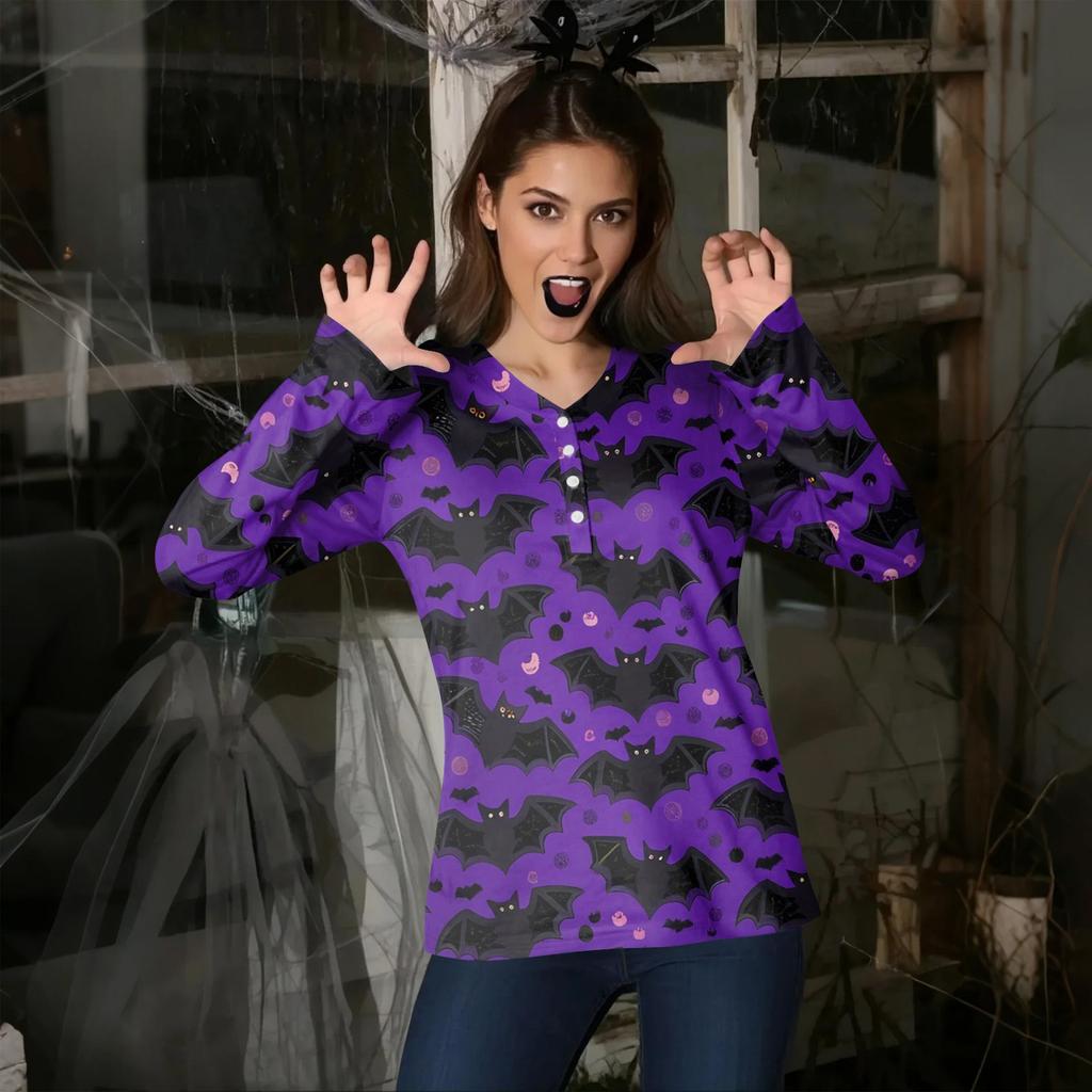Women's Casual Fashion Sexy Comfort Halloween Printed V-Neck Button Long Sleeve