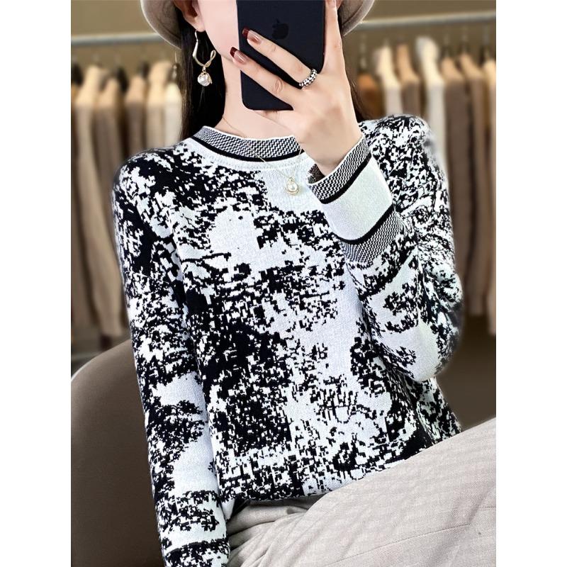 

24 Весна новый женский вязаный свитер с полувысоким воротником, пуловер с рисунком тушью, свободный и тонкий базовый топ для женщин S