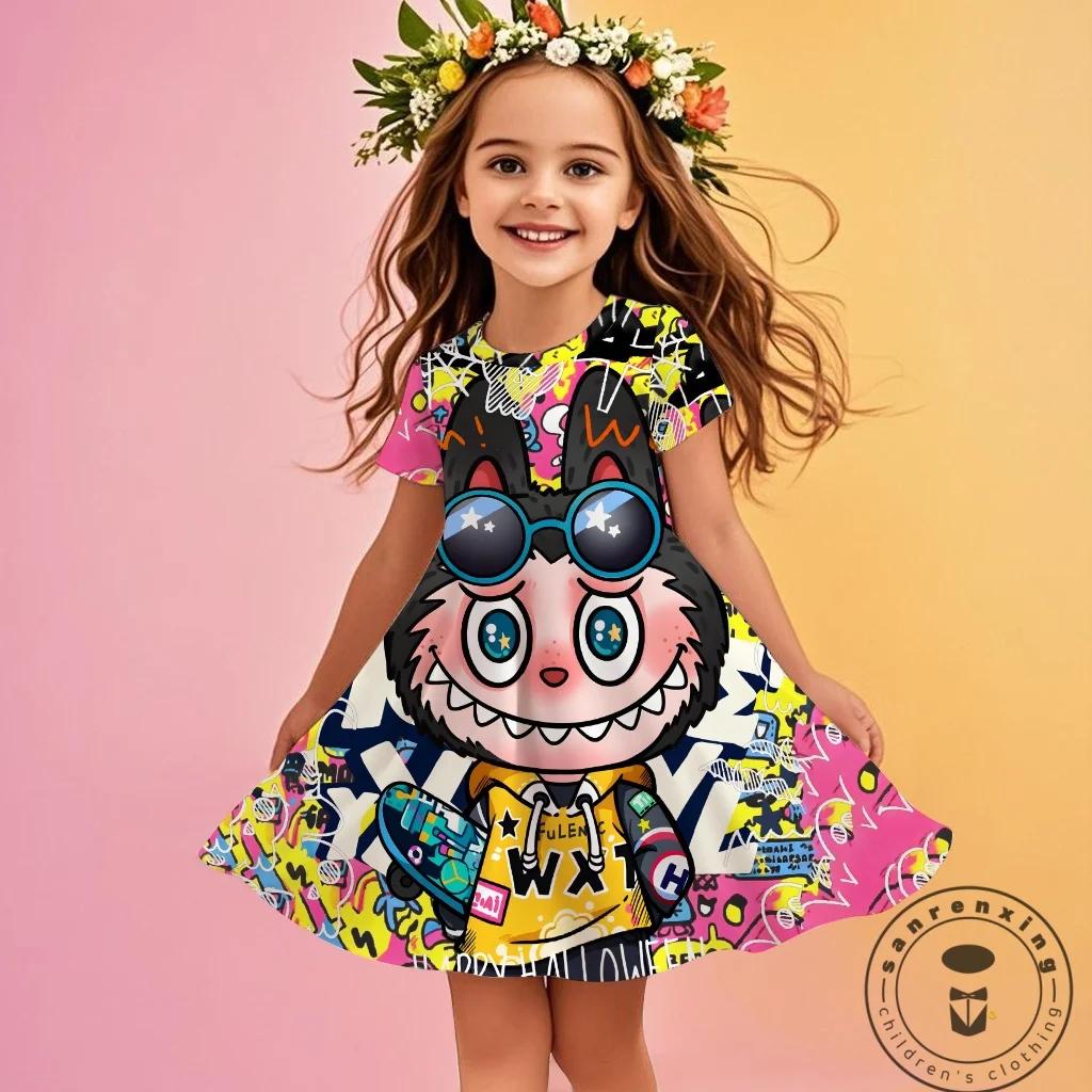 Kuromi New Summer Girls Dress Labubu 3D Printed Fashionable Cartoon Cute Princess Girls Clothes Skirt Party Labubu