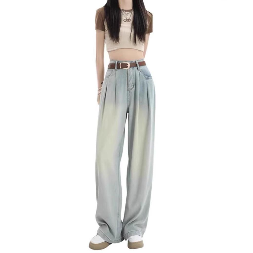 Women's Spring & Summer High-Waisted Light Blue Washed Wide-Leg Jeans - Slimming Pleated Floor-Length Design