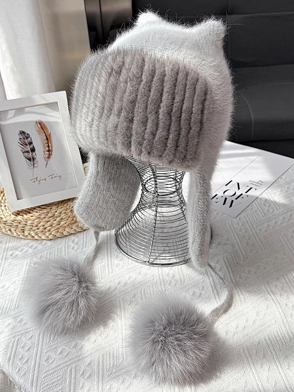 Women's Knitted Wool Beanie Hat with Mink Fur Pom Pom Hand Embroidery Adjustable Wool Blend Fabric for Travel