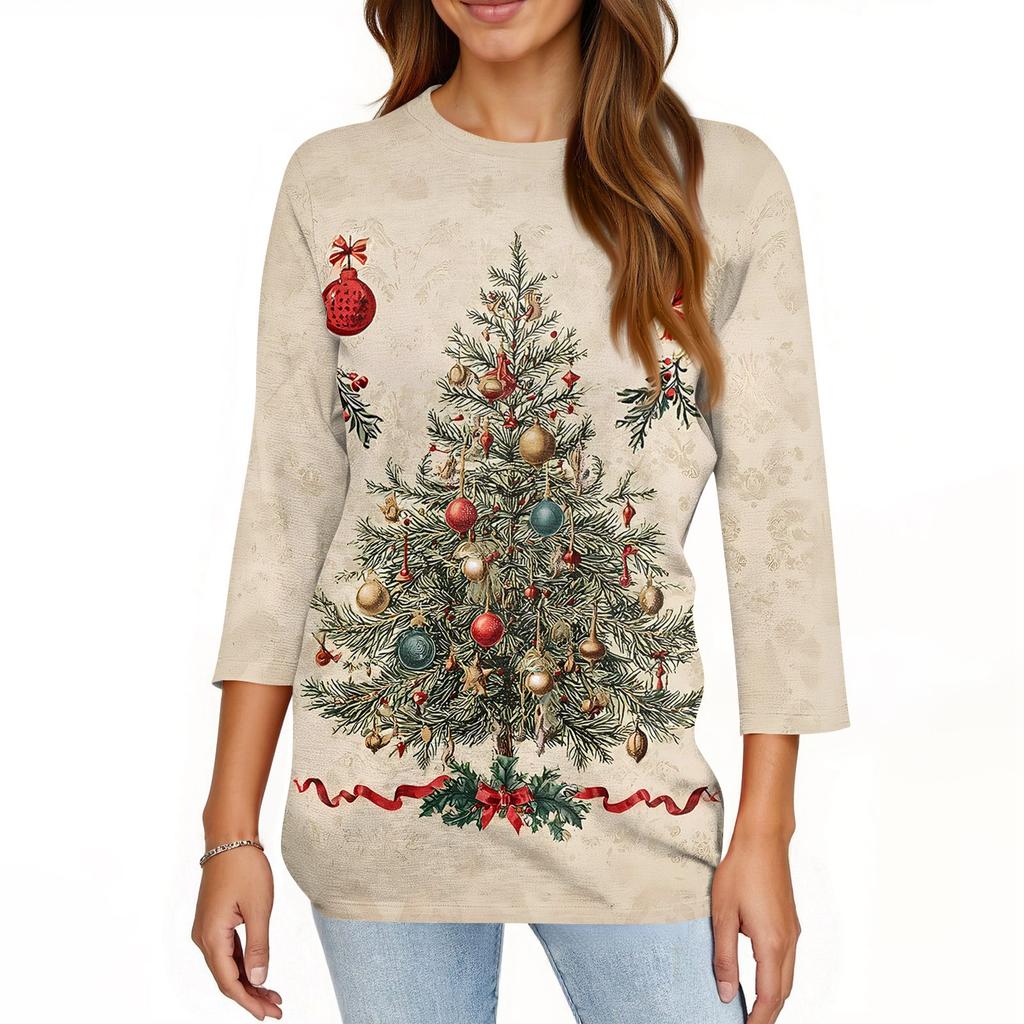 Damen T-Shirt mit Weihnachtsdruck, 3/4-Ärmel, für den Alltag, Wochenendmode, Basic, Rundhalsausschnitt, normales Oberteil