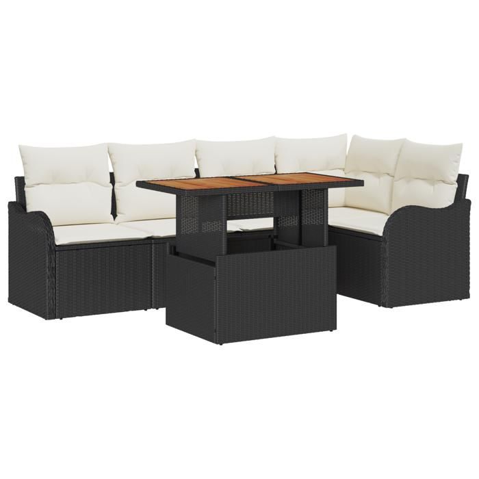 Ensemble de Canapés de Jardin 6 pièces avec Coussins Noir Poly Rotin, Canapé de Jardin 2 Places avec Rangement et Coussins 3358196