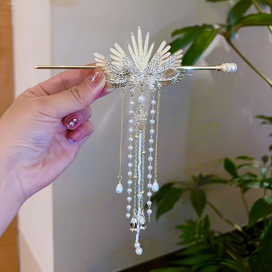 Vintage-Inspired Angel Wings Hair Clip Exquisite Faux Pearl Tassels Rhinestone Embellishments Zinc Alloy Metal Hairpin